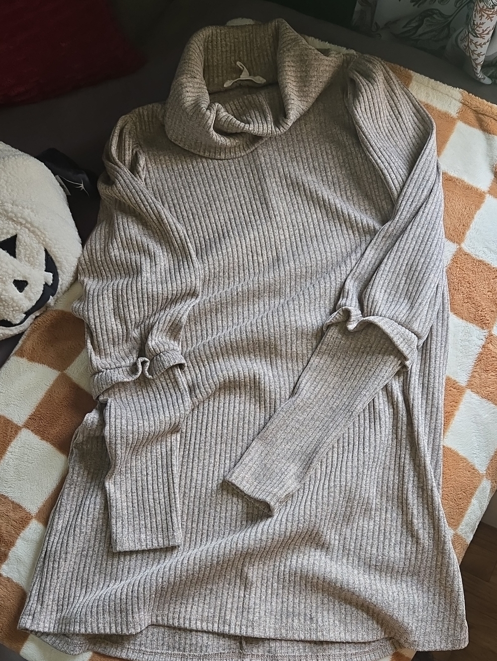 BCBG Ribbed Cowl-Neck Sweater Tunic in Taupe